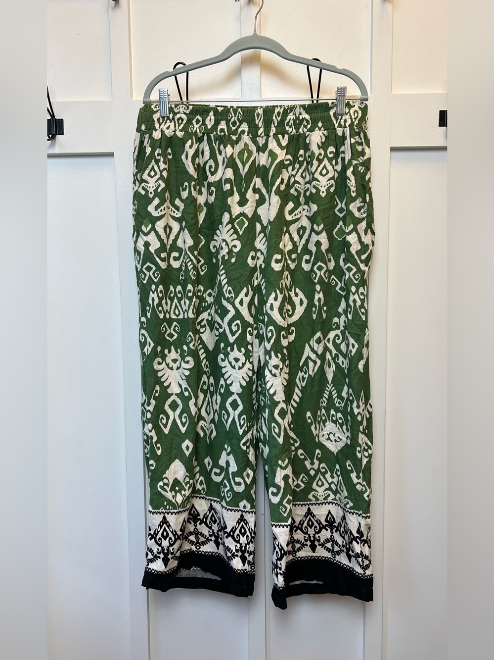 Haute Hippie 2X Green Ikat Wide Leg Boho Pants Elastic Waist Plus Size Vacation